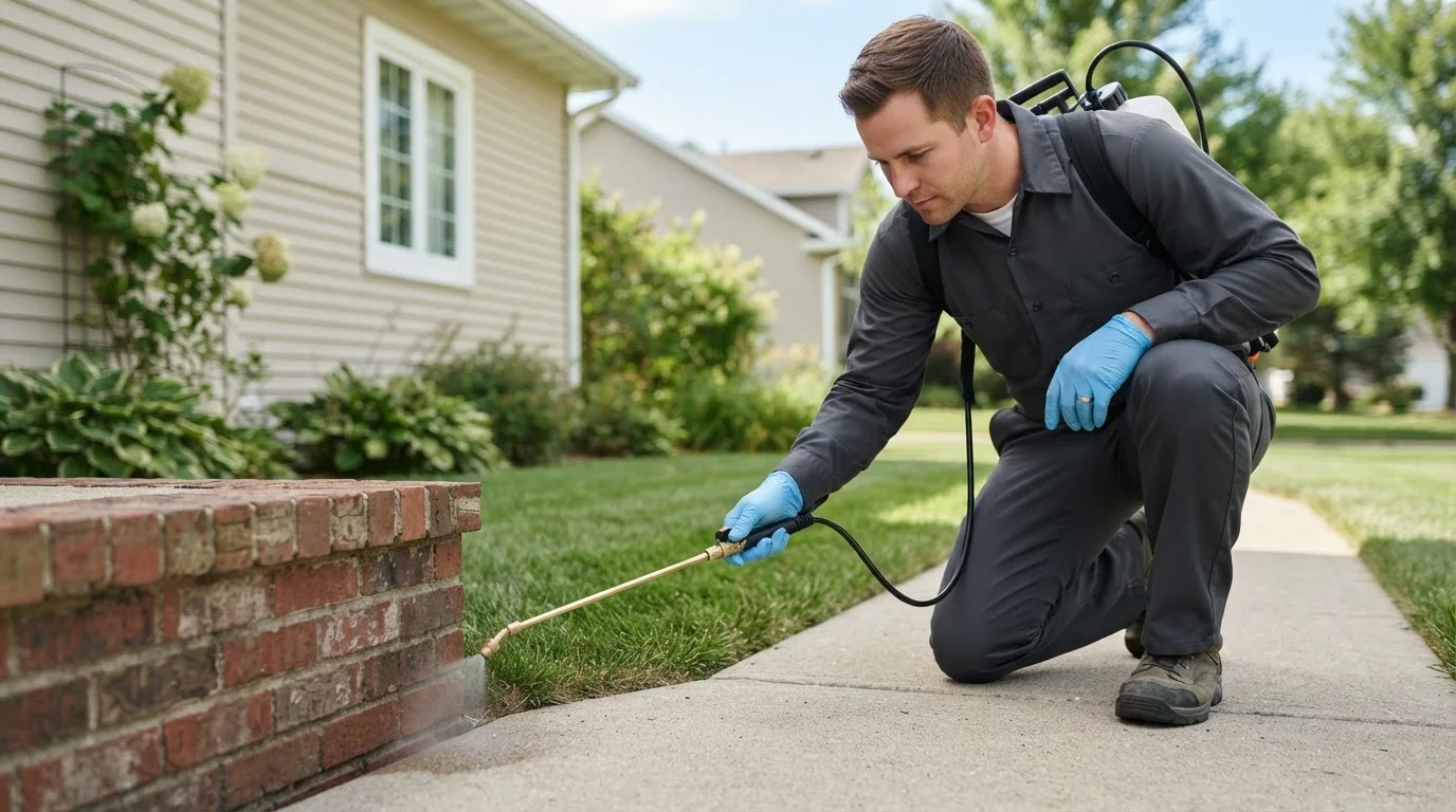 Pest control technician treating a home near Bradford, RI