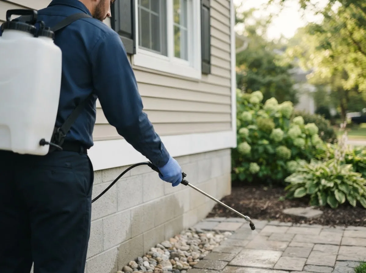 Pest control technician inspecting a home in Bradford, RI